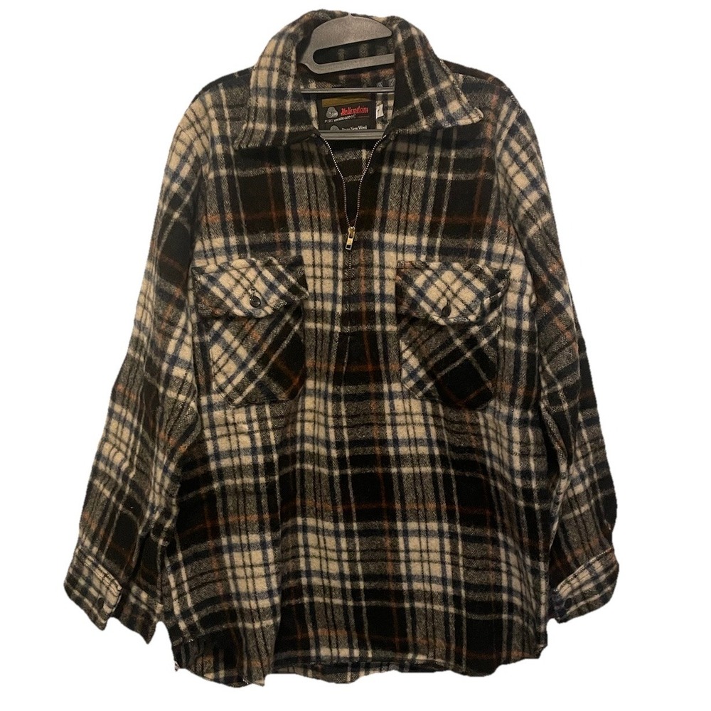 Hallensteins 1/4 Zip Pullover Blue White Vintage Plaid Wool Large